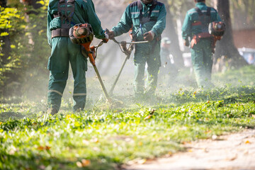 Landscapers working on a sunny day to trim grass and maintain a park area in early autumn,...