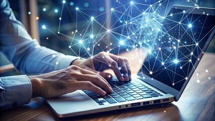 Hands typing code on a laptop with a data flow overlay effect, representing machine learning processes