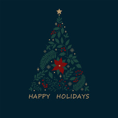 Merry Christmas greeting card with floral ornament. Trendy square Winter Holidays art templates. Suitable for social media post, mobile apps, banner design and web, internet ads.