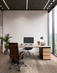 Fototapeta premium Modern office with blank wall for mockup template. 3D Rendering