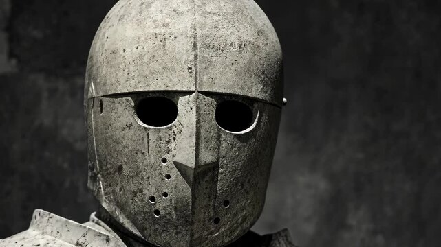 A weathered, metal helmet with a visor covers the face of a knight