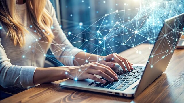 Hands typing code on a laptop with a data flow overlay effect, representing machine learning processes - Powered by Adobe