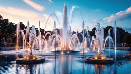 Fototapeta premium Majestic Fountain with Bright Lights Against a Twilight Sky