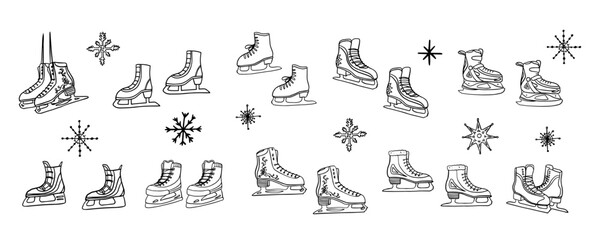 Set of women's figure skates, hockey skates in doodle style. Ice skating, figure skating, ice skating, figure skater, figure skates, sport, ice sports, ice rink, winter, snowflakes. Hobby, lifestyle