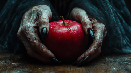 A mysterious figure holds a red apple in an eerie, atmospheric setting