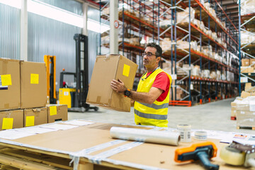 Warehouse worker lifting cardboard box in logistics center