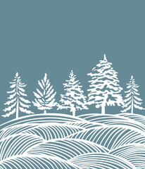 Graphic landscape of snowy fir trees in the forest. Happy New Year . hand drawing. Not AI, Vector illustrations.