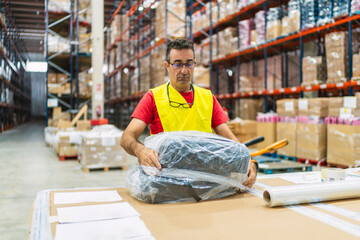 Warehouse worker wrapping packages in distribution center