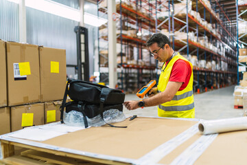 Warehouse worker scanning backpacks with barcode scanner