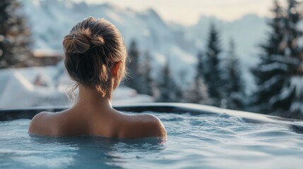 Stunning girl relaxing in a cozy jacuzzi surrounded by majestic winter mountain scenery