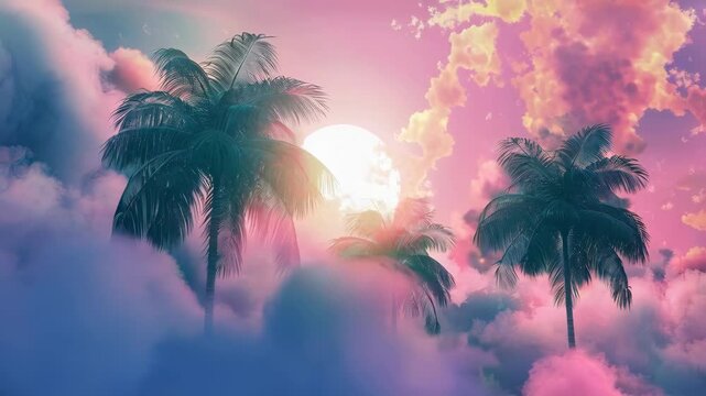 Palm trees against pink smoke background. Retrowave, synthwave, vaporwave aesthetics. Tropical beach background. Summer vacation concept. Retro style, webpunk, retrofuturism.
