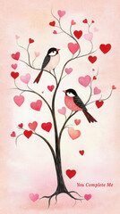 Romantic valentine's day card design with love birds and heart tree