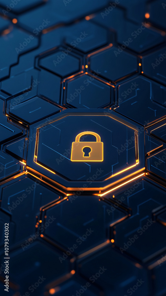 Poster Abstract visualization of cybersecurity and data protection with an orange glowing digital padlock on a dark hexagonal technological surface