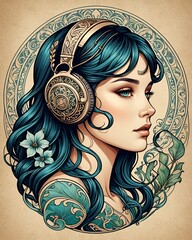 blue haired woman in art nouveau style illustration with tattoo and headphones and flowers