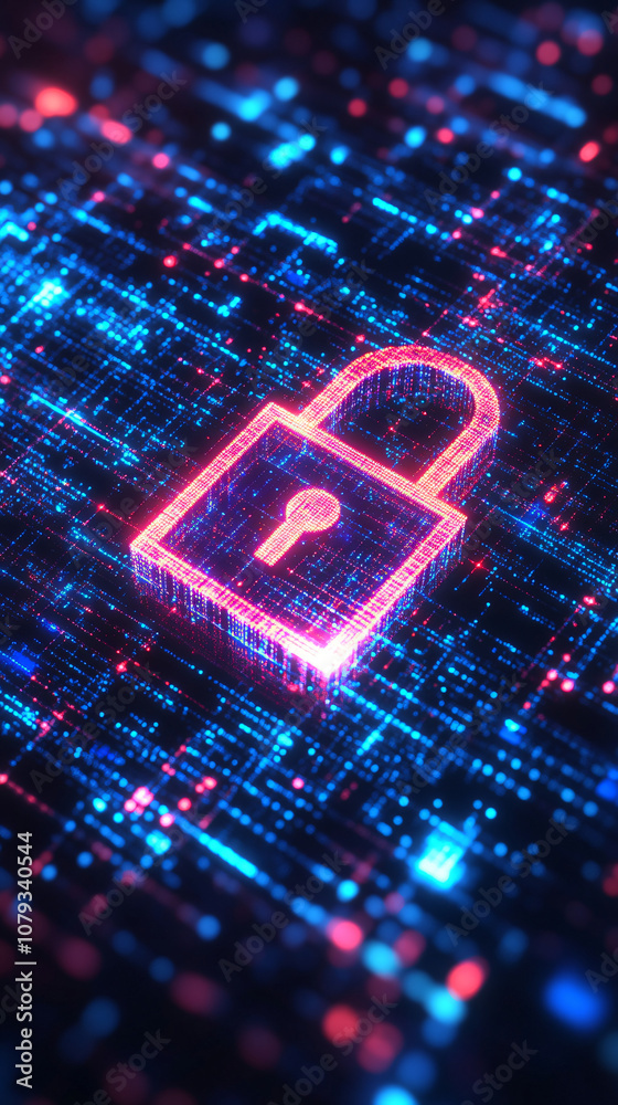 Aufkleber Pink glowing padlock hovering over blue circuit board, representing cybersecurity and data protection in digital world