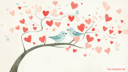 Charming valentine's day postcard with love birds and heart tree design