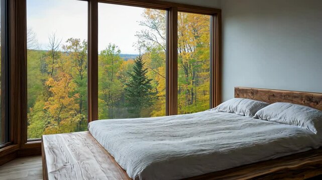 A bed with a view of the fall foliage through a large window in a modern home