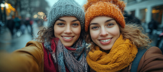 Two diverse women love couple Dressed winter attire joyfully taking selfie using smartphone on city street while they traveling togeather. Natural daylight clear sky, urban vibe.