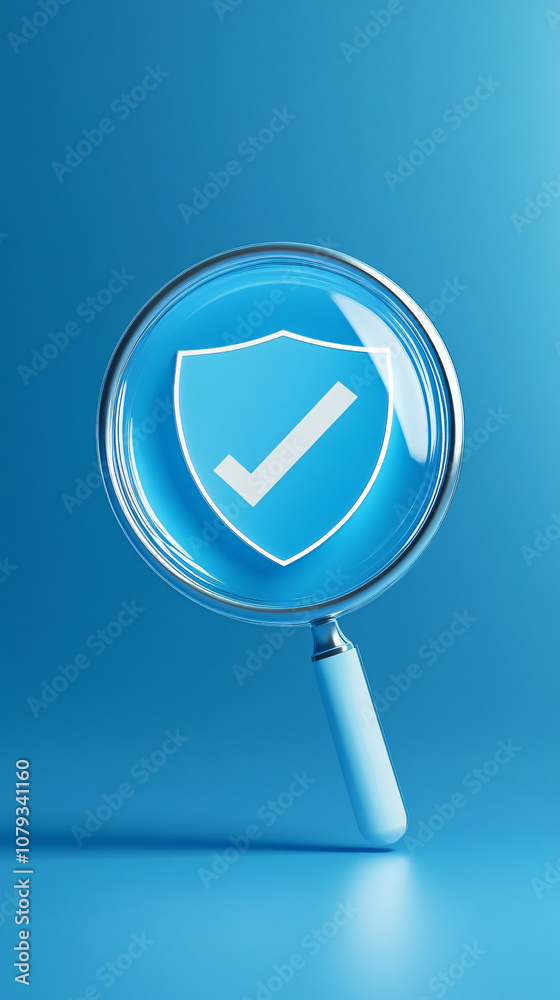Aufkleber Magnifying glass revealing security shield with check mark symbolizing validation, verification, and approval on a blue backdrop