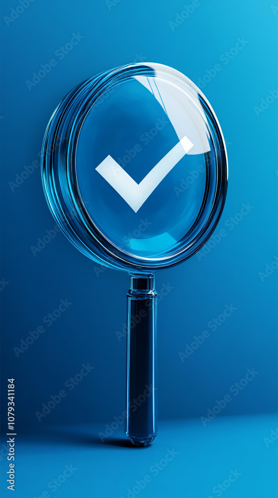 Poster Quality control and verification concept: glass magnifier displaying check mark symbol on blue background
