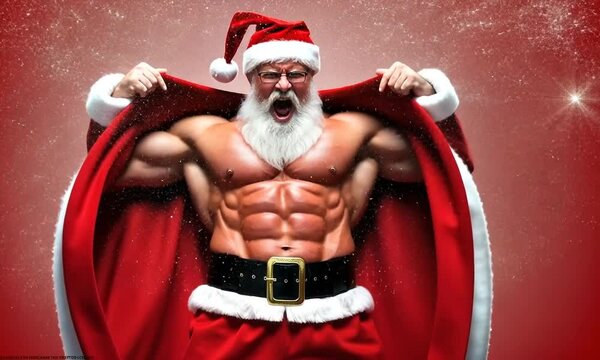 Muscular Santa Claus poses boldly in festive attire showcasing impressive strength during the holiday season
