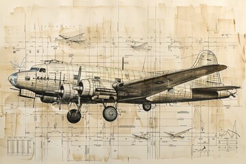 Detailed vintage blueprint of a classic aircraft showcasing its design, structure, and specifications against an aged backdrop highlighting its engineering significance
