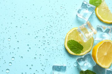 Top view photo of mint leaves and sliced of lemon, ice cubes and water drops on pastel blue...