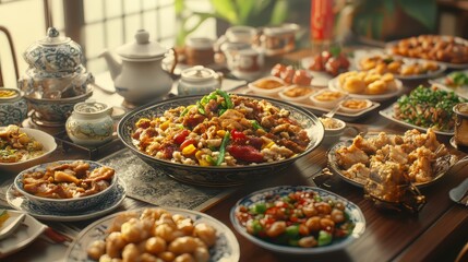 Many chinese food on table in lunch time. chinese food. Ultra realistic. Photorealistic hypermaximalist advertising photography hyper realistic fine detail