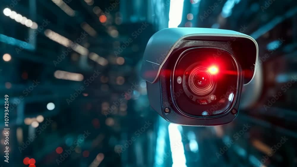 Poster CCTV camera with digital interface background. Future Ai, Artificial Intelligence. Futuristic surveillance system technology concept. Security and control. Holographic data elements.