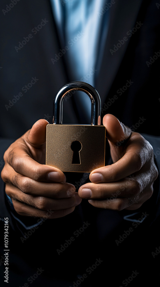 Poster Businessman presenting a padlock, emphasizing the importance of data protection and security in business operations