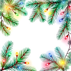 Naklejka premium Christmas tree branches with lights watercolor frame on white background. Generative AI