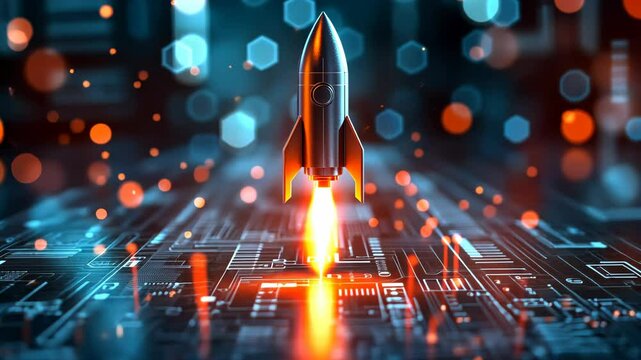 A silver rocket ship takes off from a digital circuit board, signifying the launch of a new technological era
