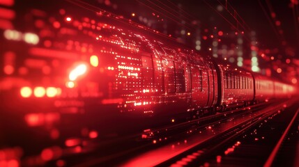 Obraz premium A futuristic train illuminated in red, moving through a digital space.
