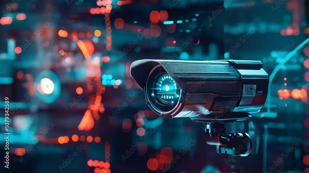 Poster CCTV camera with digital interface background. Future Ai, Artificial Intelligence. Futuristic surveillance system technology concept. Security and control. Holographic data elements.