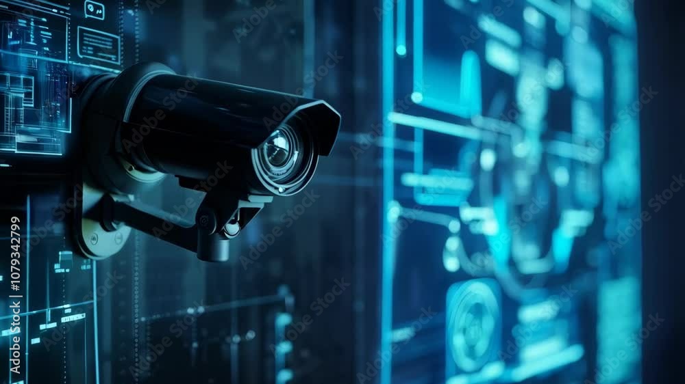 Poster CCTV camera with digital interface background. Future Ai, Artificial Intelligence. Futuristic surveillance system technology concept. Security and control. Holographic data elements.