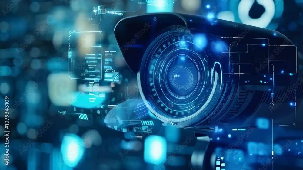 Poster CCTV camera with digital interface background. Future Ai, Artificial Intelligence. Futuristic surveillance system technology concept. Security and control. Holographic data elements.