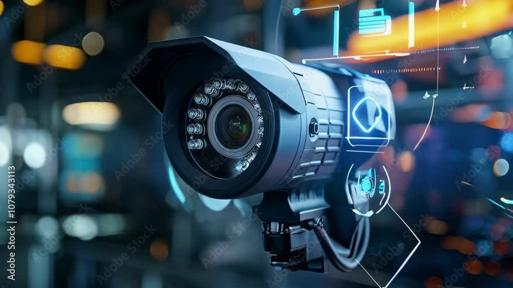 Poster CCTV camera with digital interface overlay. Future Ai, Artificial Intelligence. Futuristic surveillance system technology concept. Security and control. Holographic data elements.