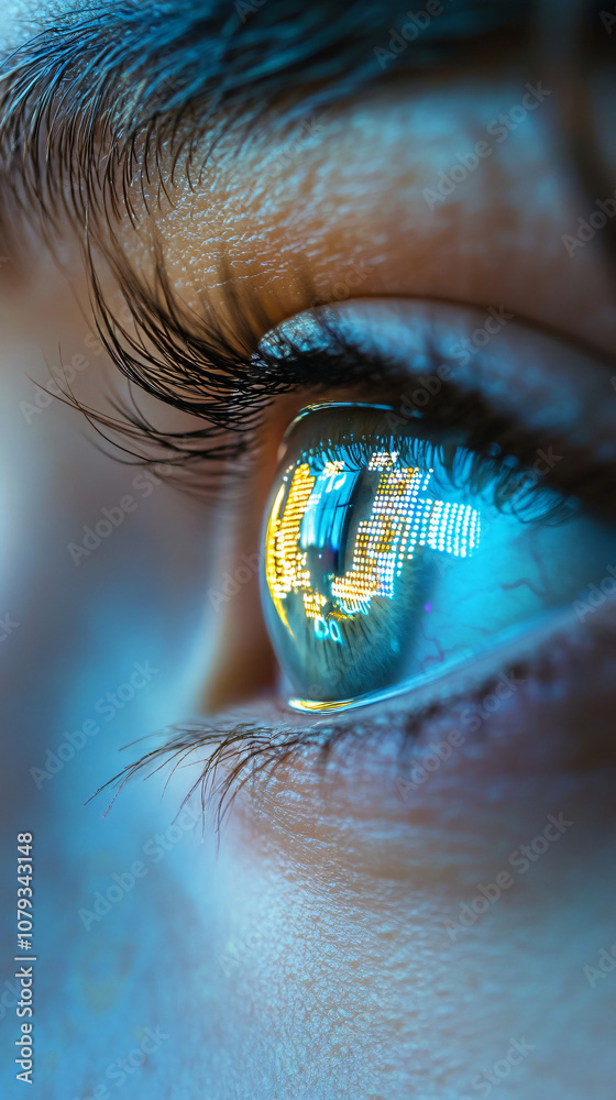Poster close-up of woman eye reflecting computer screen showing data processing, programming code, futurist