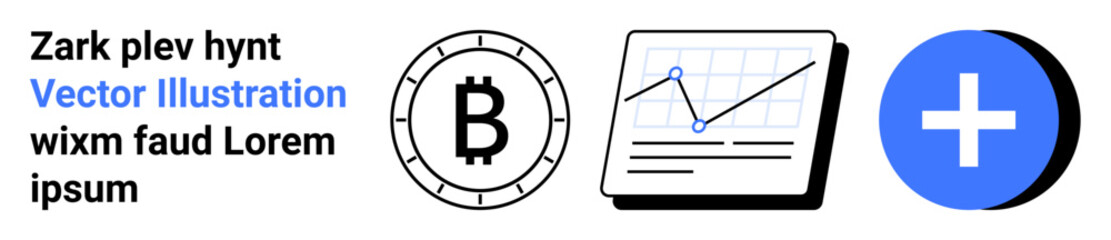 Bitcoin symbol encircled, growth chart with upward trend on a computer screen, blue plus sign on blue circle. Ideal for cryptocurrency, finance growth, analytics, addition, medical, technology