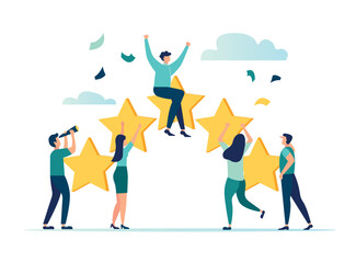 vector illustration on white background. the best estimate of performance, the score of five points. people leave feedback and comments, successful work is the highest score vector