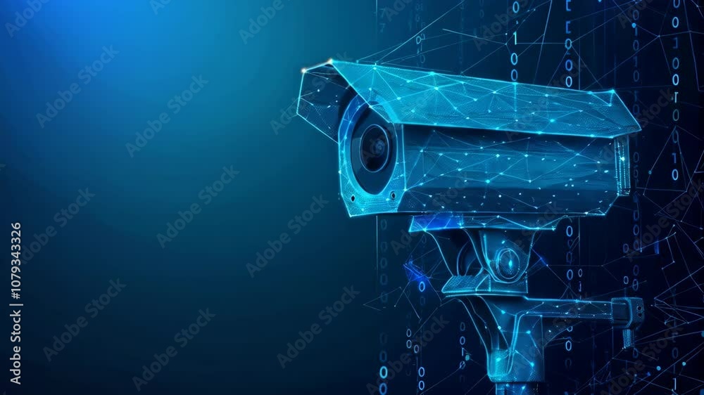 Poster Digital CCTV camera 3D animation. Future Ai, Artificial Intelligence. Futuristic surveillance system technology concept. Security and control. Holographic data elements.