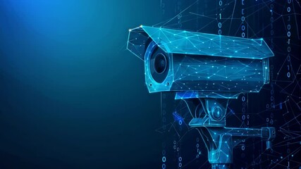 Digital CCTV camera 3D animation. Future Ai, Artificial Intelligence. Futuristic surveillance system technology concept. Security and control. Holographic data elements.