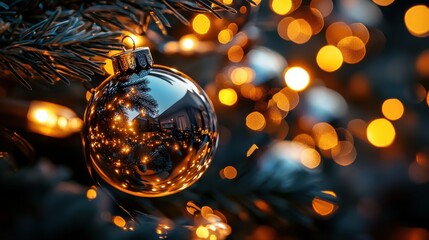 Close-up of Christmas tree ornaments, soft lights reflecting off glass baubles, creating a magical, cinematic feel