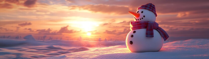 A cheerful snowman stands against a breathtaking sunset, surrounded by snow. This captivating winter scene captures the essence of joy and holiday spirit in a serene landscape.