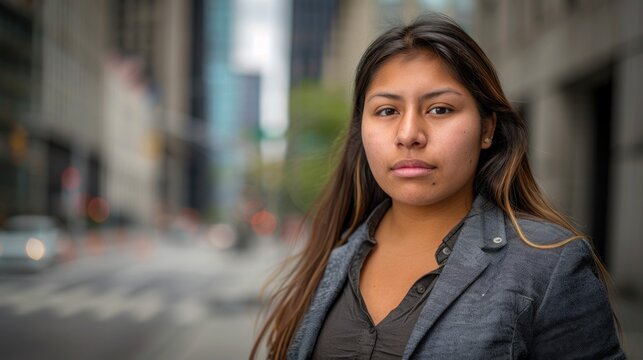 A young Native American woman confidently poses in modern business attire against a backdrop of tall city buildings, showcasing her heritage