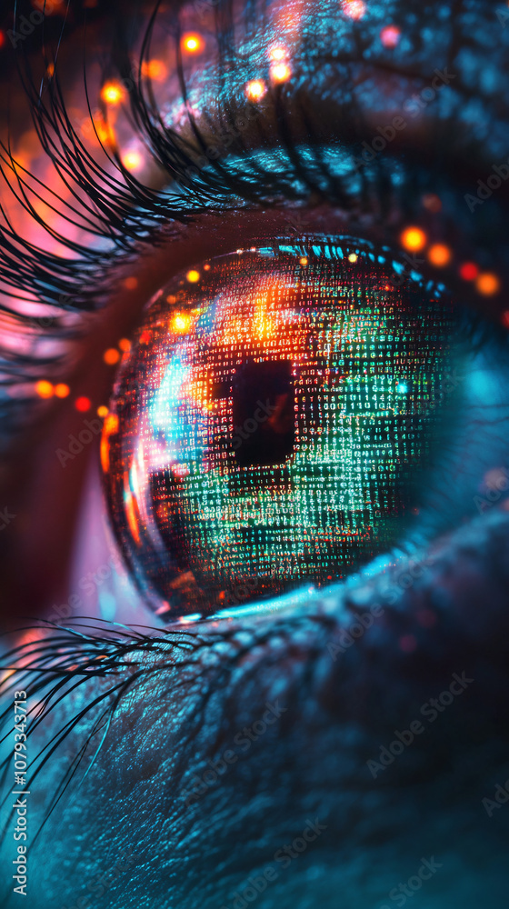 Leinwandbilder Human eye reflecting binary code suggesting digital identity, cybersecurity, or virtual reality in futuristic context