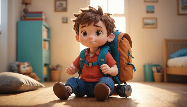 A young boy with a backpack sits on the floor in a living room, looking excited to start his adventure