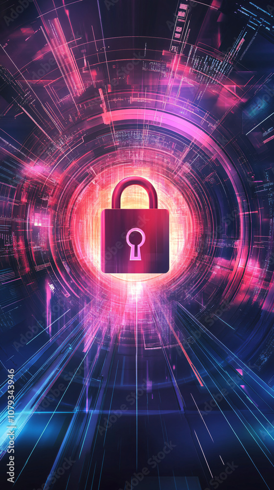 Fototapete Cybersecurity concept: red lock in illuminated digital tunnel symbolizing data protection in cyberspace