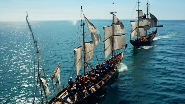 Flying Over Viking Rowing Ships Generative AI
