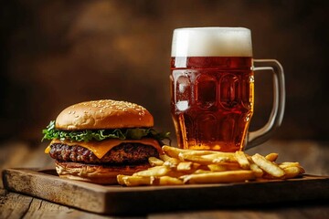 A food pairing of a cold beer with a juicy burger and fries, served on a rustic wooden tray
